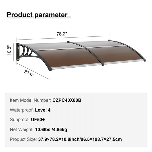 Vinduesdør Markise 80" x 40", UPF 50+ polykarbonat til udendørs brug. Beskytter mod UV, regn og sne. Ideel til fordøre.
