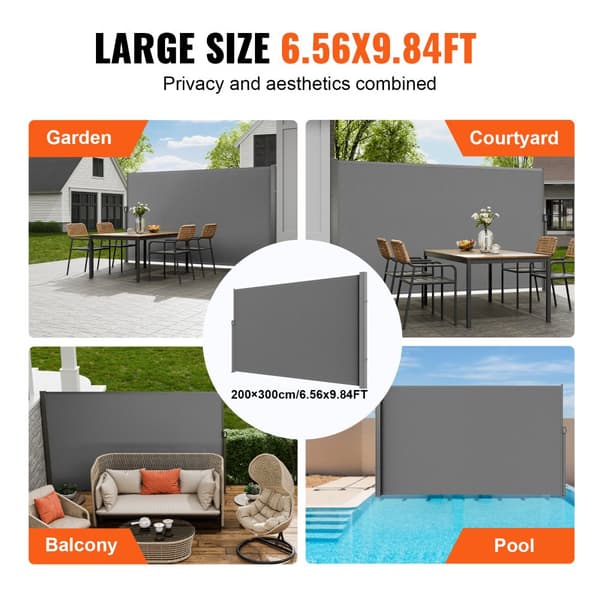 Tilbagetrækkeligt sidemarkise i grå, 79''x 118''. Vandtæt, UV 30+ terrasse- og haverumdel. Perfekt til privatliv på balkon eller terrasse.