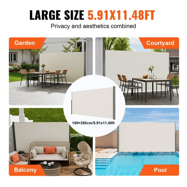 Tilbagetrækkelig sidelæskærm, 71''x 138'' udendørs privat skærm, vandtæt polyester, UV 30+, ideel til terrasse, gårdhave og balkon. Beige.