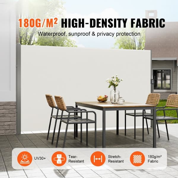Tilbagetrækkelig sidelæskærm, 71''x 138'' udendørs privat skærm, vandtæt polyester, UV 30+, ideel til terrasse, gårdhave og balkon. Beige.