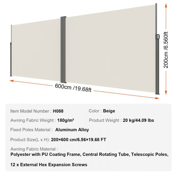 Sisäänvedettävä sivumarkiisi 79''x236'', vedenpitävä polyesteri, UV 30+, beige patio- ja terassisuojus.