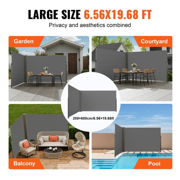Tilbagetrækkelig sidemarkise 79''x236'' - udendørs privatskærm i 180 g vandtæt polyester. UV 30+ rumdeler til terrasse, balkon og have. Grå.