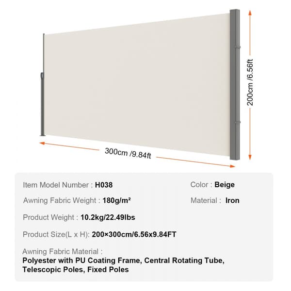 Sisäänvedettävä sivumarkiisi, 79''x 118'', vedenpitävä polyesteri, UV 30+, beige patio- ja terassisuojus.