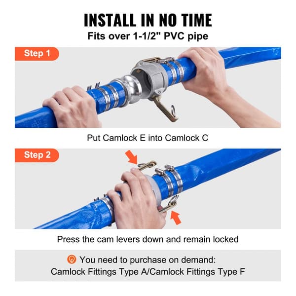 Tilbageskylningsslange, 2" x 50', kraftig PVC flad pooludløbsslange med aluminum Camlock fittings, klemmer - ideel til pumper og sandfiltre.
