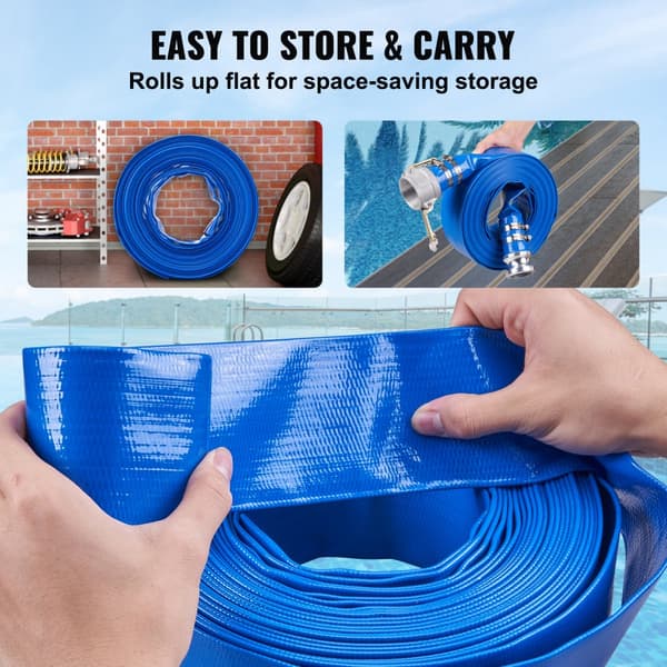 Tilbageskylningsslange, 2" x 50', kraftig PVC flad pooludløbsslange med aluminum Camlock fittings, klemmer - ideel til pumper og sandfiltre.