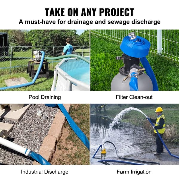 Tilbageskylningsslange, 2" x 50', kraftig PVC flad pooludløbsslange med aluminum Camlock fittings, klemmer - ideel til pumper og sandfiltre.