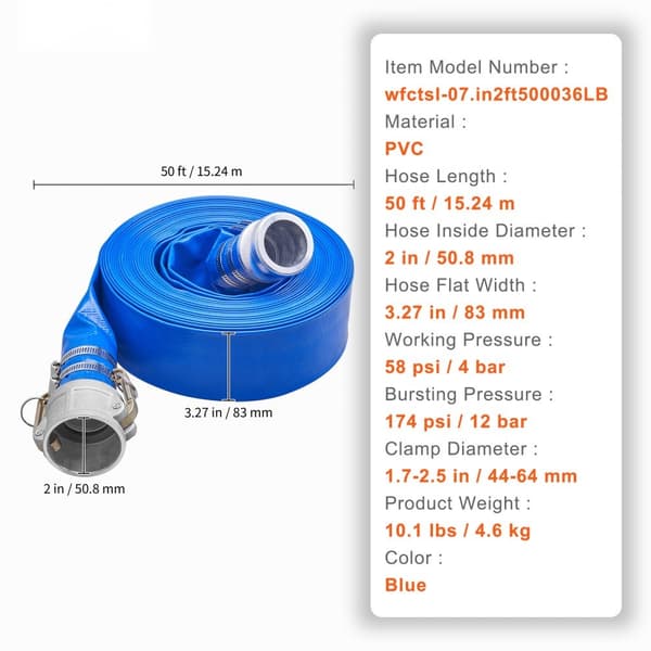 Tilbageskylningsslange, 2" x 50', kraftig PVC flad pooludløbsslange med aluminum Camlock fittings, klemmer - ideel til pumper og sandfiltre.