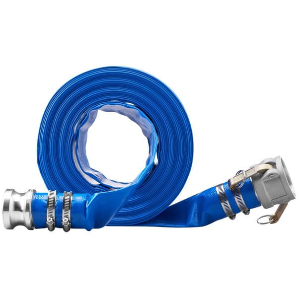 Tilbageskylningsslange, 2" x 50', kraftig PVC flad pooludløbsslange med aluminum Camlock fittings, klemmer - ideel til pumper og sandfiltre.