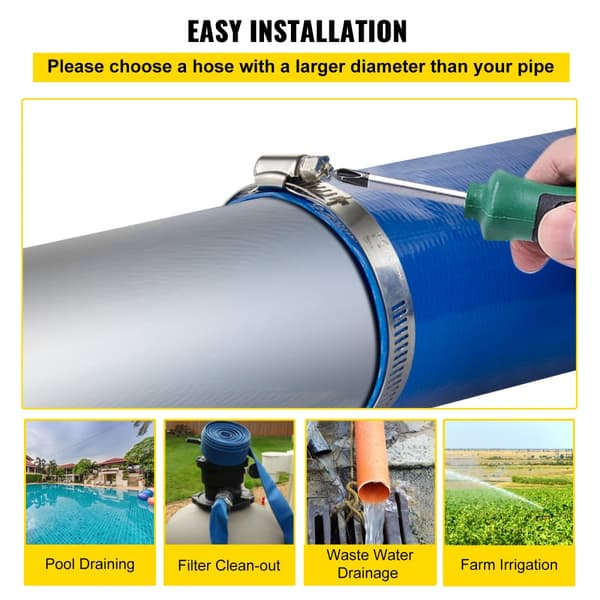 Poistoletku 3" x 105', kestävä PVC, takahuuhtelu, säänkestävä, ihanteellinen uima-altaaseen ja veden siirtoon.