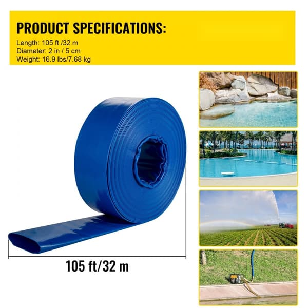 Udløbs-/drænslange, 2" x 105', PVC, fladtliggende, robust til tilbageskyldning, vejr- og sprængsikker, ideel til pool og vandoverførsel, blå.