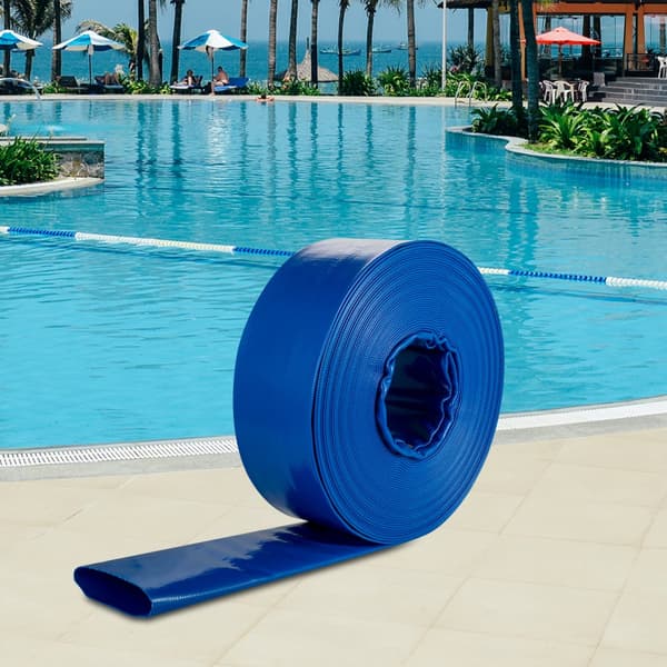 Udløbs-/drænslange, 2" x 105', PVC, fladtliggende, robust til tilbageskyldning, vejr- og sprængsikker, ideel til pool og vandoverførsel, blå.