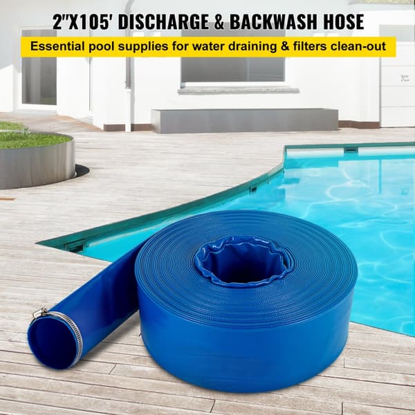Udløbs-/drænslange, 2" x 105', PVC, fladtliggende, robust til tilbageskyldning, vejr- og sprængsikker, ideel til pool og vandoverførsel, blå.
