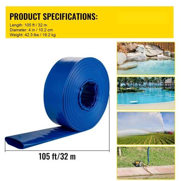 Utloppsslang, 4" x 105', PVC Lay Flat, kraftig backwash dränering, väderbeständig, sprängsäker, perfekt för pool och vatten.