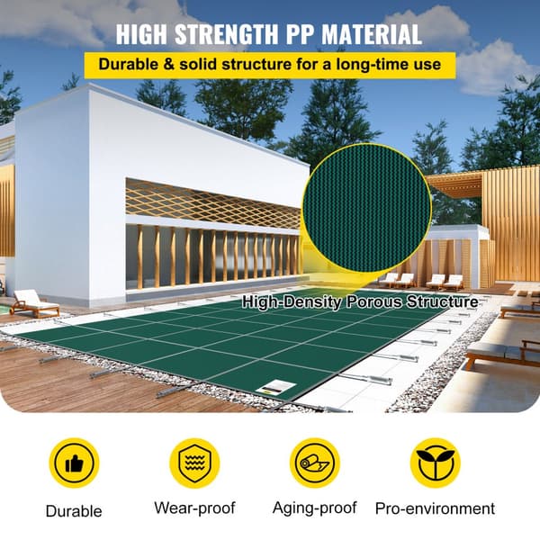 Sikkerhedsoverdrag til 16x30 fods rektangulære pools, mesh overdækning med dræn til vinterbeskyttelse, grøn farve.