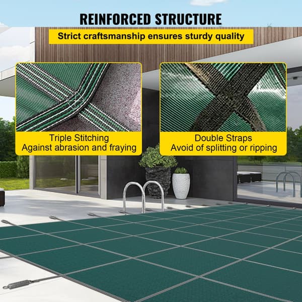 Sikkerhedsoverdrag til 16x30 fods rektangulære pools, mesh overdækning med dræn til vinterbeskyttelse, grøn farve.