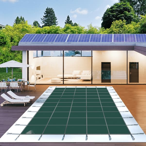 Sikkerhedsoverdrag til 16x30 fods rektangulære pools, mesh overdækning med dræn til vinterbeskyttelse, grøn farve.