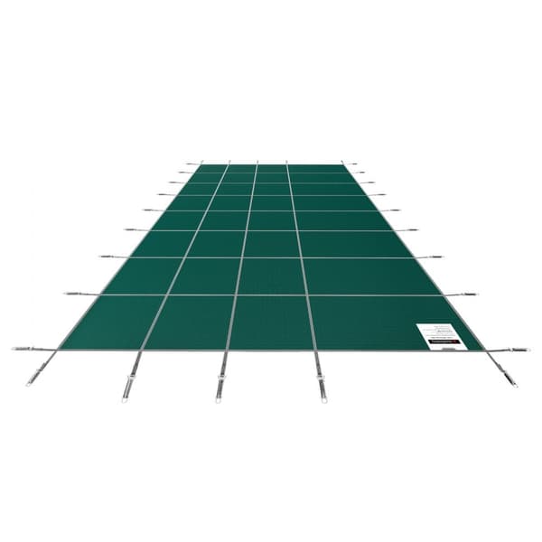 Sikkerhedsoverdrag til 16x30 fods rektangulære pools, mesh overdækning med dræn til vinterbeskyttelse, grøn farve.