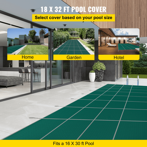 Sikkerhedsoverdrag til 16x30 fods rektangulære pools, mesh overdækning med dræn til vinterbeskyttelse, grøn farve.