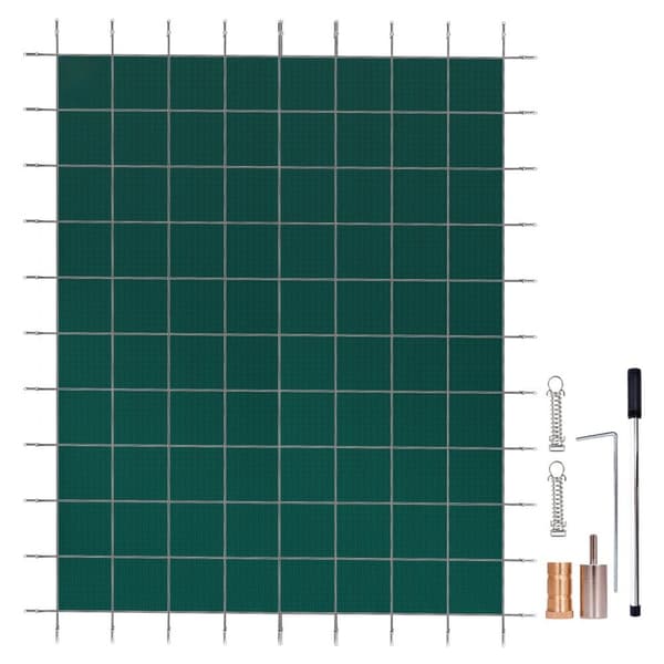 Sikkerhedsoverdrag til 16x30 fods rektangulære pools, mesh overdækning med dræn til vinterbeskyttelse, grøn farve.