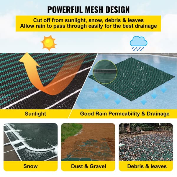 Sikkerhedsoverdrag til 18x36 fod rektangulære pools. Mesh cover med drænhuller, ideel til vinterbeskyttelse og sikkerhed.