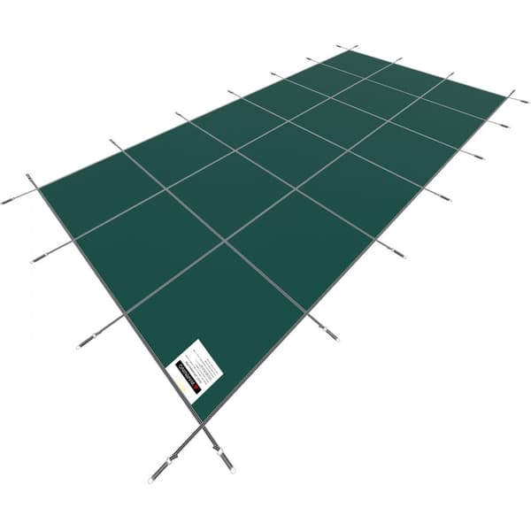 Suojapeite 20x40 jalkaa, sopii maanalaisille uima-altaille. Kansi tyhjennysrei'illä, talvisuoja, vihreä.