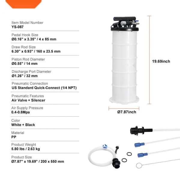 Nesteenpoistolaite 1,74 gal (6,5 l), pneumaattinen/manuaalinen, öljynvaihto tyhjennykseen mittatikulla ja imuletkulla.