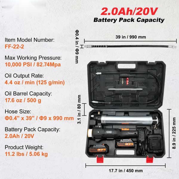 Ledningsfri elektrisk fedtpistol 20V, 2,0 Ah batteri, 10.000 PSI med etui - perfekt til vedligeholdelse og reparation.