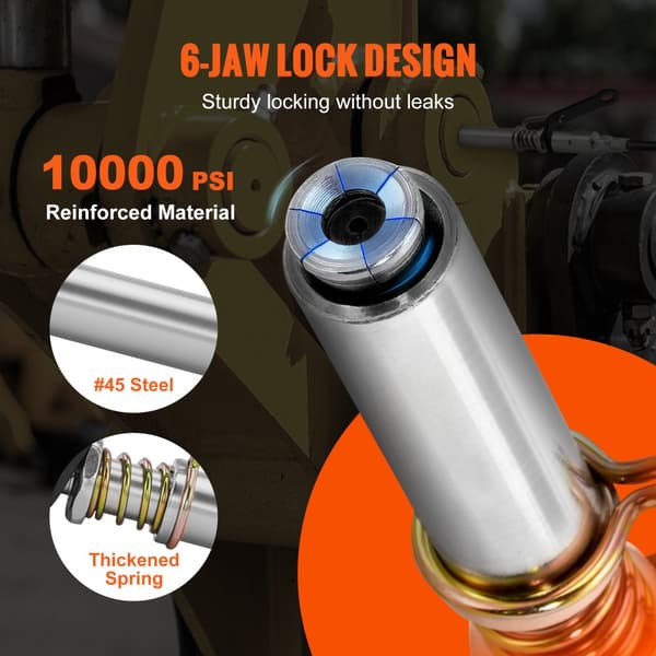 Fedtpistolkobling, 10000 PSI højtryk, 6-kæber låsning, hurtigudløser smørepistolspids med slange/Zerk fittings. Kompatibel med 1/8" NPT til biler.