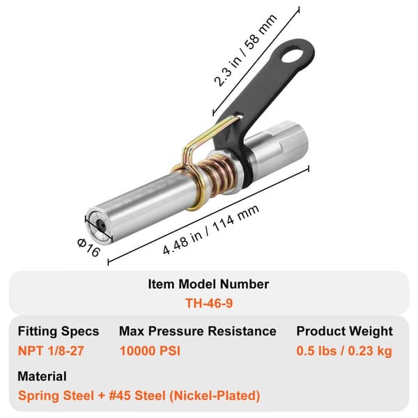 Fedtpistolkobling, 10000 PSI højtryk, 6-kæber låsning, hurtigudløser smørepistolspids med slange/Zerk fittings. Kompatibel med 1/8" NPT til biler.