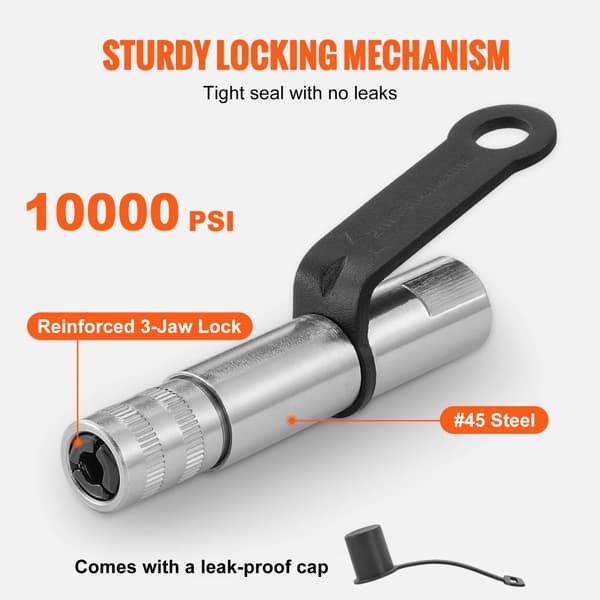 Fedtpistolkobling med 10.000 PSI højtryk, 3-kæber låsning og hurtigudløsende spids. Passer til alle fedtpistoler med 1/8" NPT-fittings.