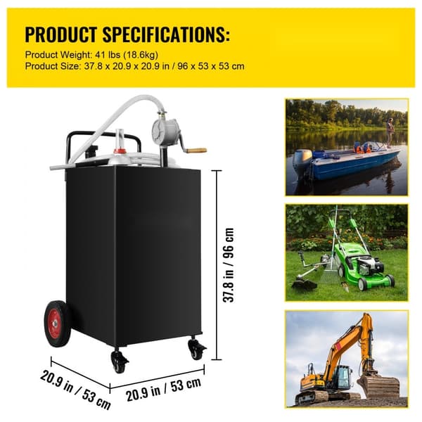 30 gallons brændstofbeholder med 4 hjul, manuel pumpe til gas og diesel. Ideel til biler, plæneklippere, ATV'er og både. Sort.