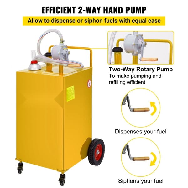 Brændstofcaddy, 35 gallon, gaslagertank med 4 hjul og manuel pumpe. Perfekt til biler, plæneklippere, ATV'er og både. Gul.