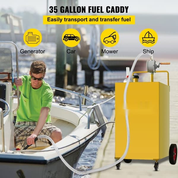 Brændstofcaddy, 35 gallon, gaslagertank med 4 hjul og manuel pumpe. Perfekt til biler, plæneklippere, ATV'er og både. Gul.