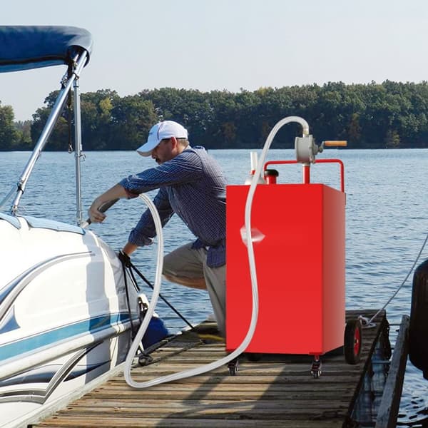Brændstofcaddy, 35 gallon, gaslagertank med 4 hjul, manuel pumpe til benzin og diesel til biler, plæneklippere, ATV'er og både.