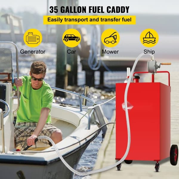 Brændstofcaddy, 35 gallon, gaslagertank med 4 hjul, manuel pumpe til benzin og diesel til biler, plæneklippere, ATV'er og både.