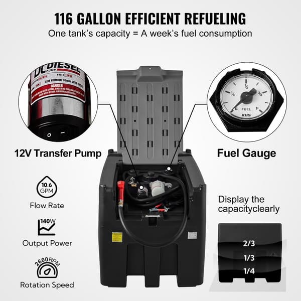 Bærbar dieseltank med 116 gallons kapacitet, 10 GPM flow, 12V pumpe og 13,1 fod slange. Praktisk til dieseltransport, sort design.