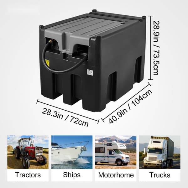 Bærbar dieseltank med 116 gallons kapacitet, 10 GPM flow, 12V pumpe og 13,1 fod slange. Praktisk til dieseltransport, sort design.