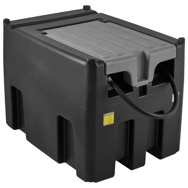 Bærbar dieseltank med 116 gallons kapacitet, 10 GPM flow, 12V pumpe og 13,1 fod slange. Praktisk til dieseltransport, sort design.