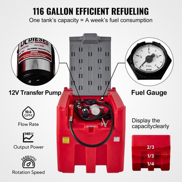 Bærbar dieseltank med 116 gallons kapacitet, 10 GPM flow, 12V pumpe, 13,1 fod slange - ideel til hurtig brændstoftransport. Rød.