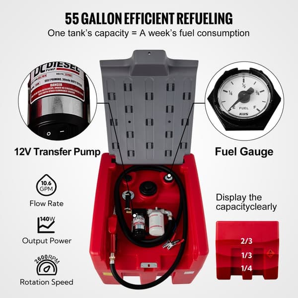 Bærbar dieseltank med 58 gallons kapacitet, 10 GPM pumpe og 12V elektrisk overførselspumpe. Ideel til nem brændstoftransport. Rød.