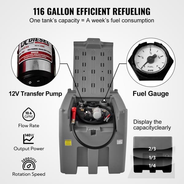 Bærbar dieseltank med 116 gallons kapacitet, 10 GPM flow, 12V pumpe og 13,1 fod slange. Ideel til effektiv brændstoftransport. Grå.