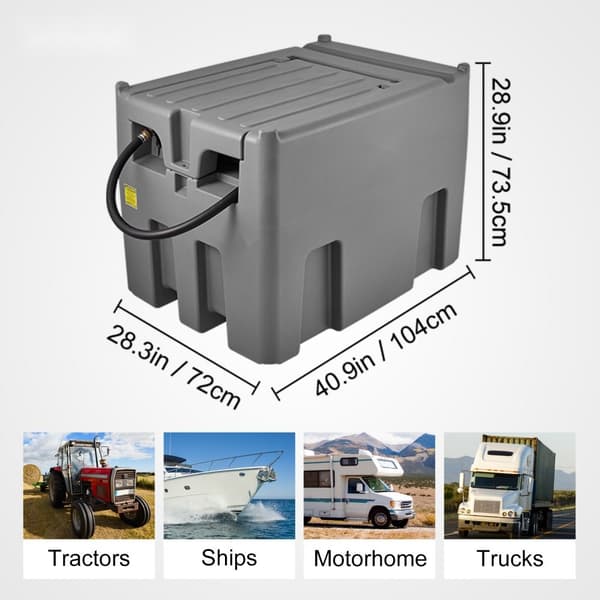 Bærbar dieseltank med 116 gallons kapacitet, 10 GPM flow, 12V pumpe og 13,1 fod slange. Ideel til effektiv brændstoftransport. Grå.