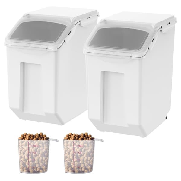 Ainesosien säilytysastia, 2 x 15 l annostelija, mittakupit, pyörät, ilmatiivis kansi, koiranruoka, PP-materiaali.