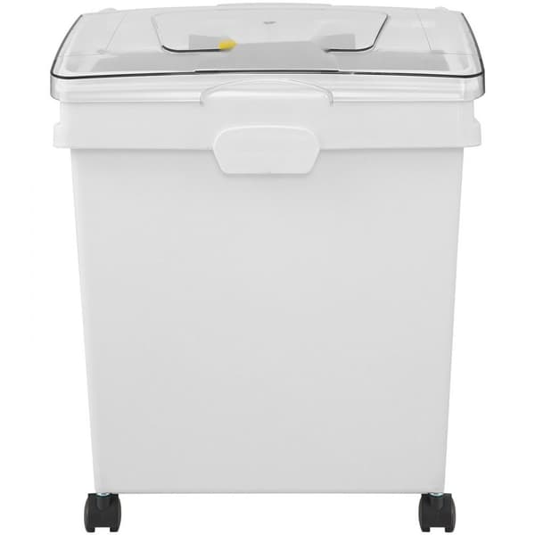 Ingrediensbeholder med 33 liter kapacitet, PP-materiale, hjul, hvid hylde, skydelåg, kommerciel opbevaring, 3 stk. pr. sæt.