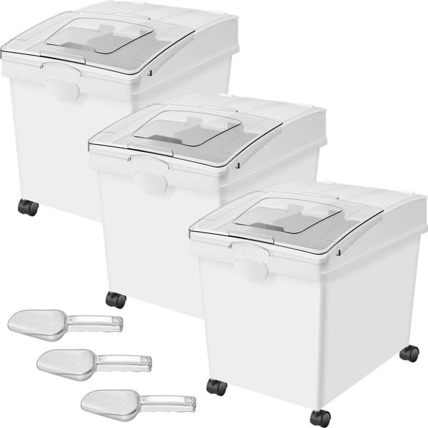 Ingrediensbeholder med 33 liter kapacitet, PP-materiale, hjul, hvid hylde, skydelåg, kommerciel opbevaring, 3 stk. pr. sæt.