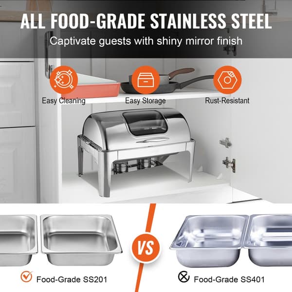 Rektangulært Roll Top Chafing Fad med 9Qt Pande, Visuelt Glaslåg og Brændstofholder - Perfekt til fest og servering!