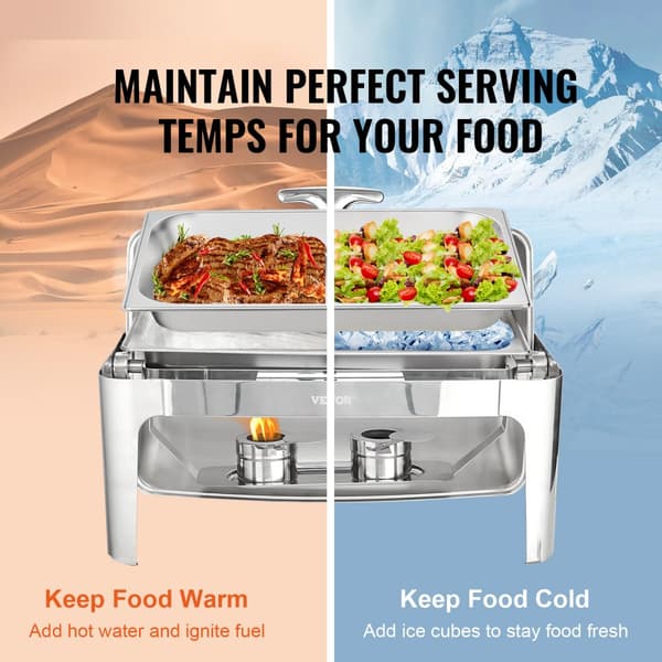 Rektangulært Roll Top Chafing Fad med 9Qt Pande, Visuelt Glaslåg og Brændstofholder - Perfekt til fest og servering!
