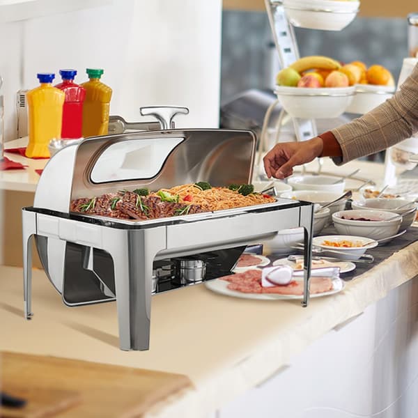Rektangulært Roll Top Chafing Fad med 9Qt Pande, Visuelt Glaslåg og Brændstofholder - Perfekt til fest og servering!