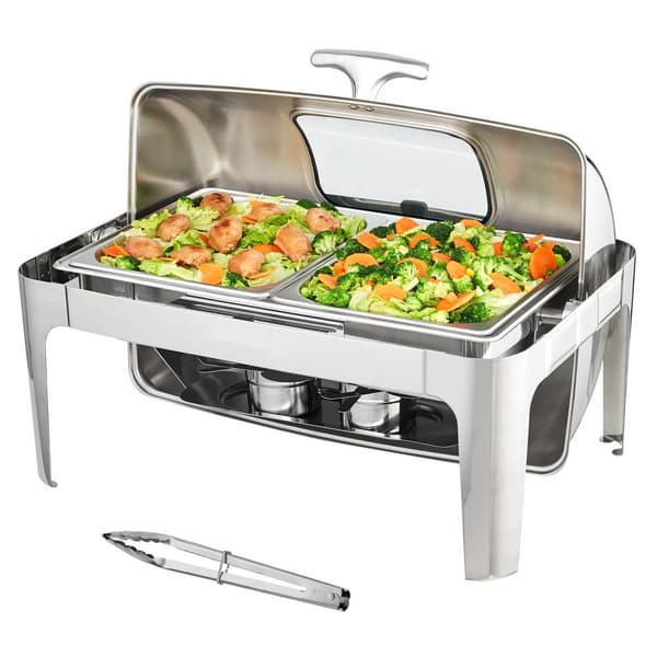 Rektangulært Roll Top Chafing Fad med 9Qt Pande, Visuelt Glaslåg og Brændstofholder - Perfekt til fest og servering!