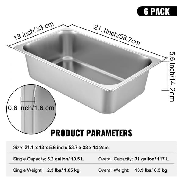 6 Pack Höyrypöytäpannu 20,9 x 12,8 x 5,9 tuumaa, syvä 20,5 l ruostumattomasta teräksestä. Hotellipannut.